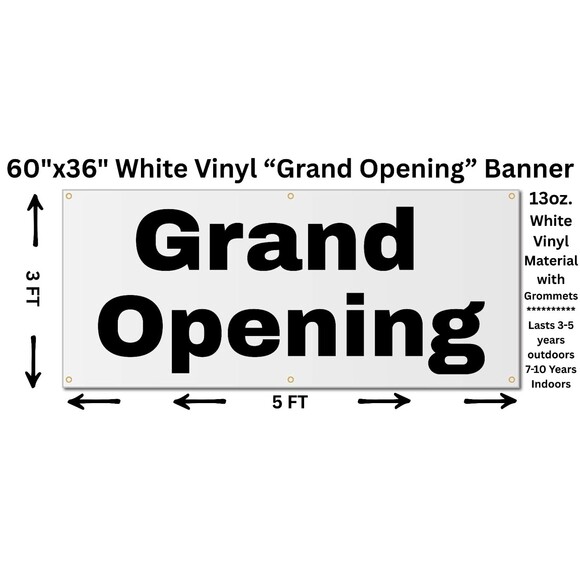 60"x 36" White Vinyl “Grand Opening” Banner - Picture 1 of 1